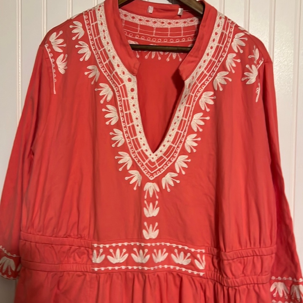 Eshakti Melon Pink Maxi Dress white crewel embroidery Size 3X 26 W